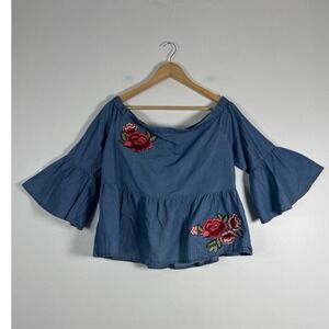 Boho a.n.a Womens Medium Peplum Top Blue Floral Embroidered Bell Sleeve Chambray